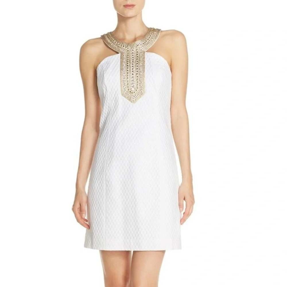 Lilly‎ Pulitzer Resort White Adelina Shift Dress with Gold Accents Size 0
